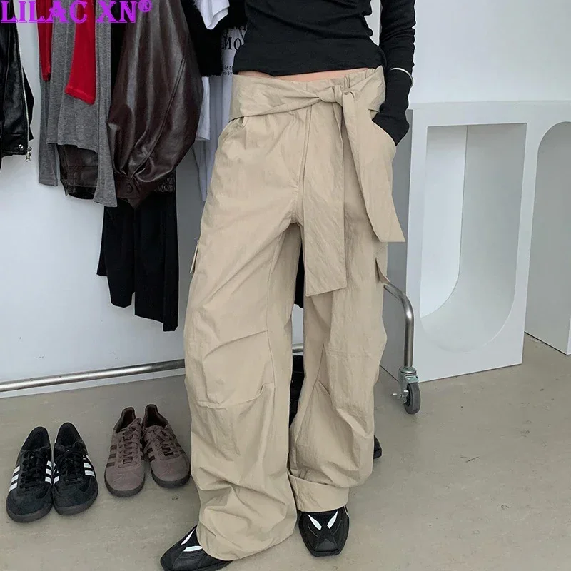 Y2K Khaki Straight Pleated Loose Sports Pants Casual New Fashion Lace-up Pocket Cargo Pants Women Autumn Sweatpants