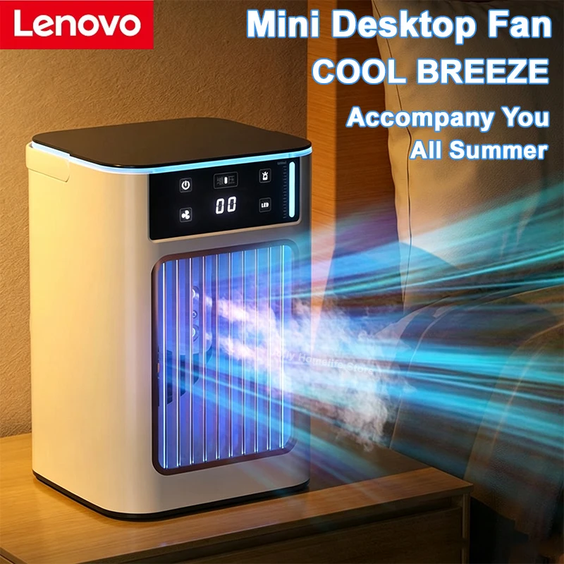 Lenovo USB-Luftkühler, tragbarer Tischventilator mit Luftbefeuchter, Doppel-Nebelsprühfunktion, Wassertank mit Eisbox für Schlafzimmer und Zuhause