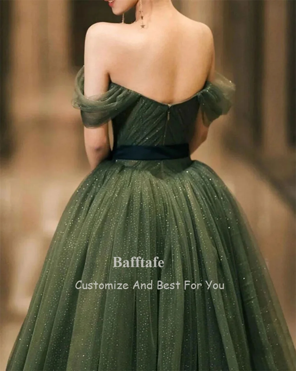 Bafftafe Sparkly A Line Tulle Korean Lady Prom Dresses Formal Customized Pleated Evening Gowns Women Formal Occasion Party Dress