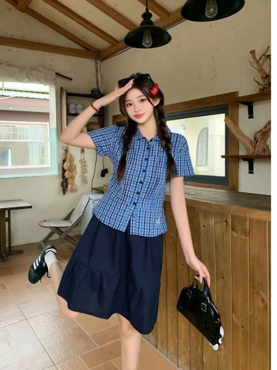 

plus Size Women's College Style Casual Sports Shirt Short Sleeve High Waist Skirt Two Piece Set Summer New Fashion