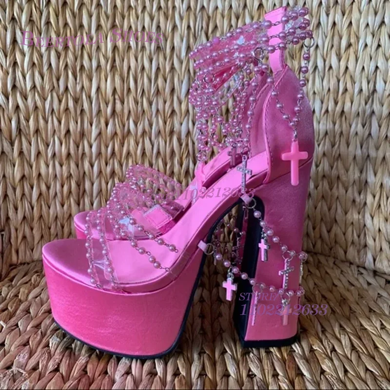 Fuchsia Hot Chick Fringe Sandals Open Platform Women Pump Crystal Beads Weave Girl Pink Party Sexy Tassel-Tie Buckle Summer Shoe