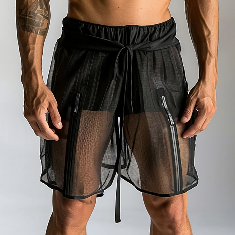 Men\'s Shorts Fashion Streetwear Male Short Pants Black Sexy Gym See-Through Mesh Shorts For Men Large Size Men Causal Sweatpants