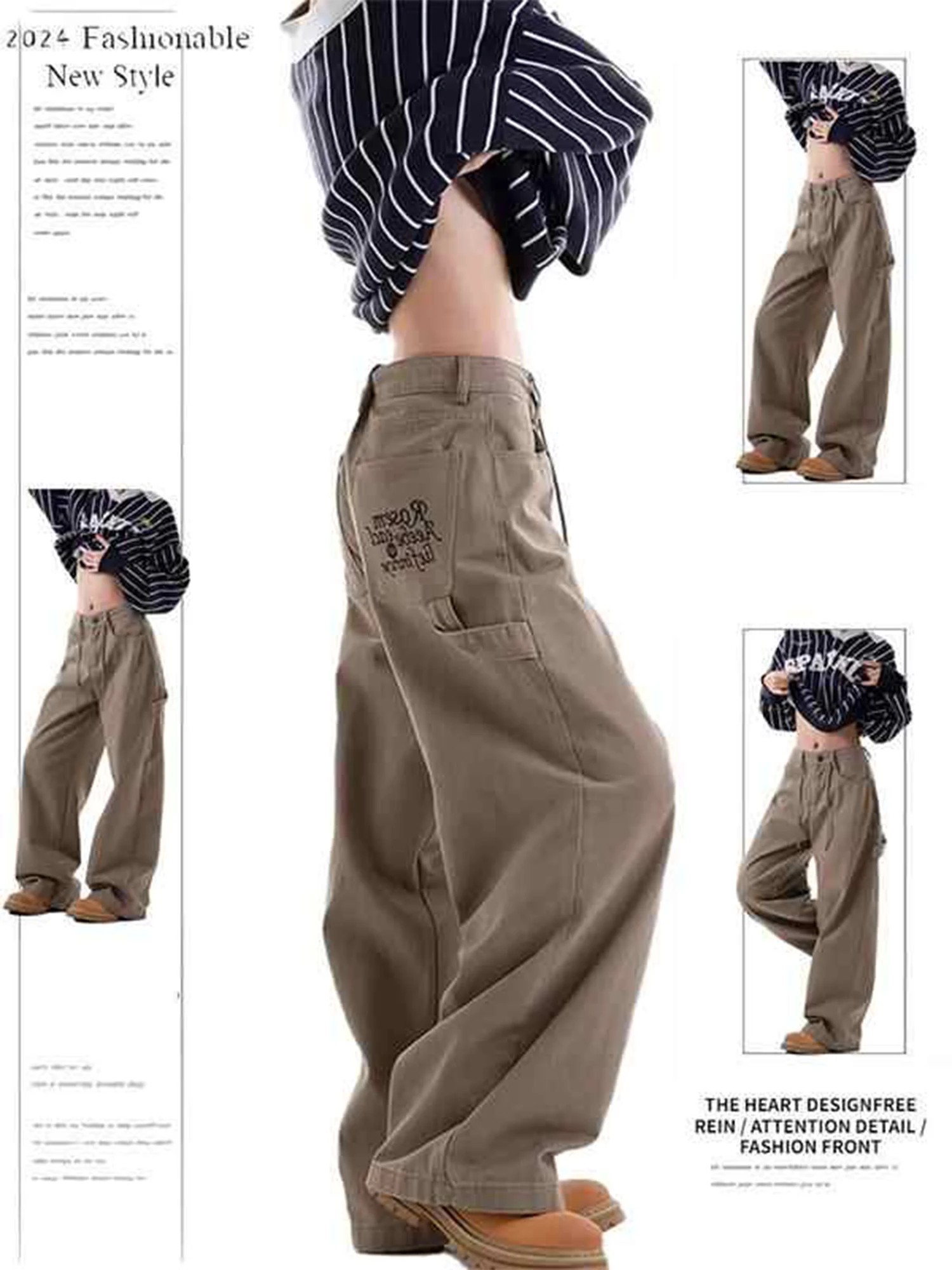 Women's Coffee Y2k Baggy Jeans Harajuku 90s Vintage Embroidery Denim Trousers Japanese 2000s Style Jeans Pants Oversize Clothes