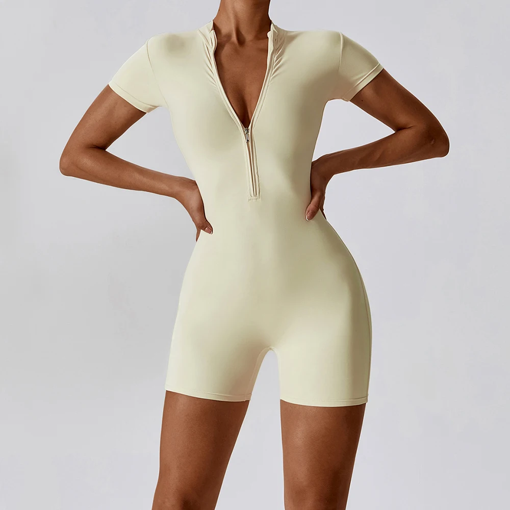 One-piece Yoga Suit With Stand Up Collar Jumpsuit Half Zipper Bodysuit Short Sleeve Gym Clothing Women Sports Set Short Bodycon