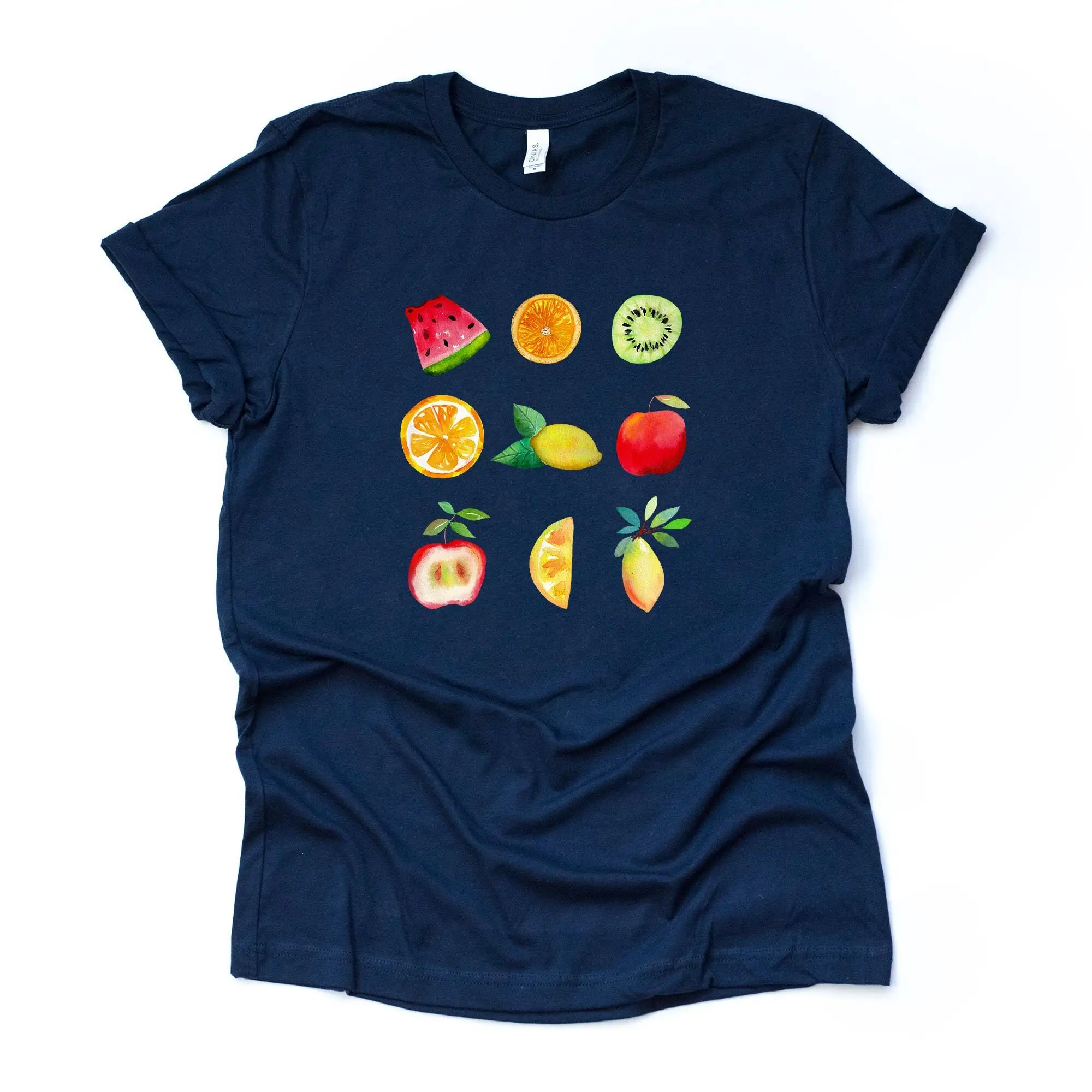 Summer T Shirt Super Cute Watercolor Fruit In A Row Design On Premium Unisex 3 Color Choices 2X 3X 4X Plus Sizes Available