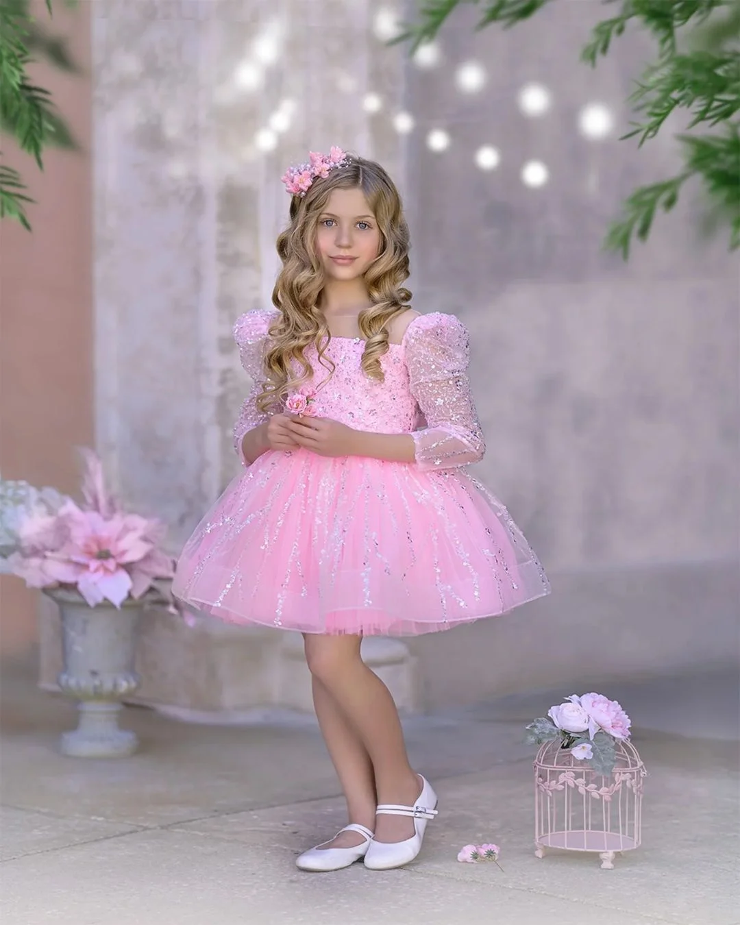 Princesa rosa flor menina vestido para casamento lantejoulas tule manga cheia inchado crianças aniversário primeira comunhão vestidos de baile para meninas