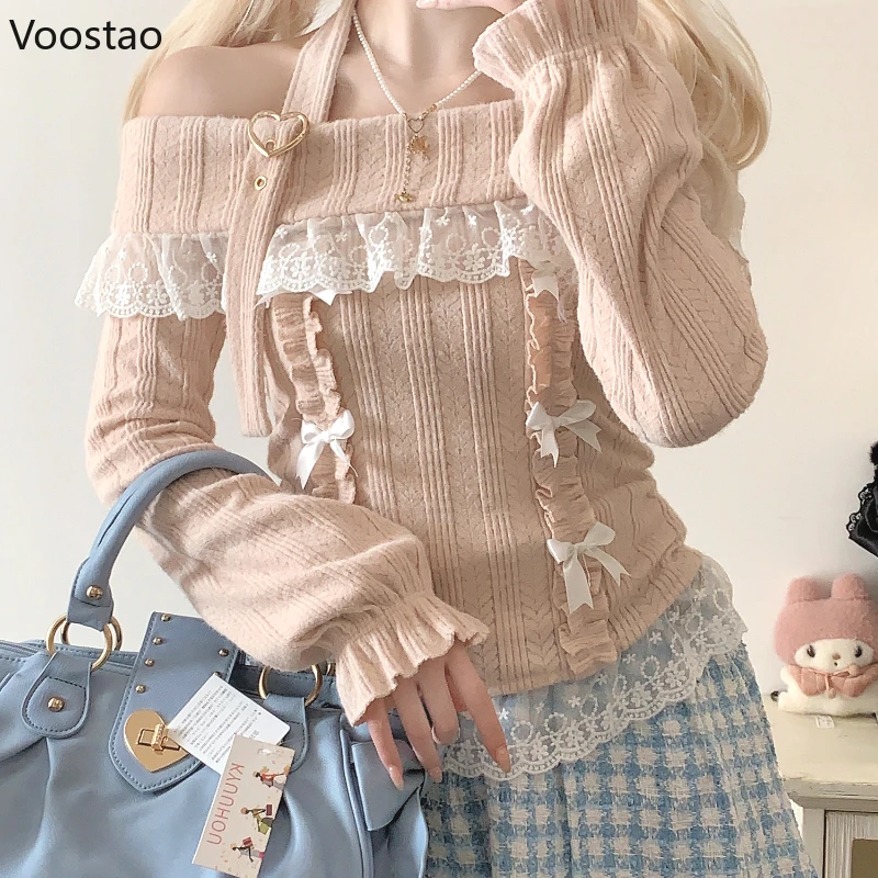 Vintage Sweet Lolita Style Knitted Pullover Girls Cute Slash Neck Bow Lace Ruffles Love Heart Buckle Sweater Women Knitwear Tops