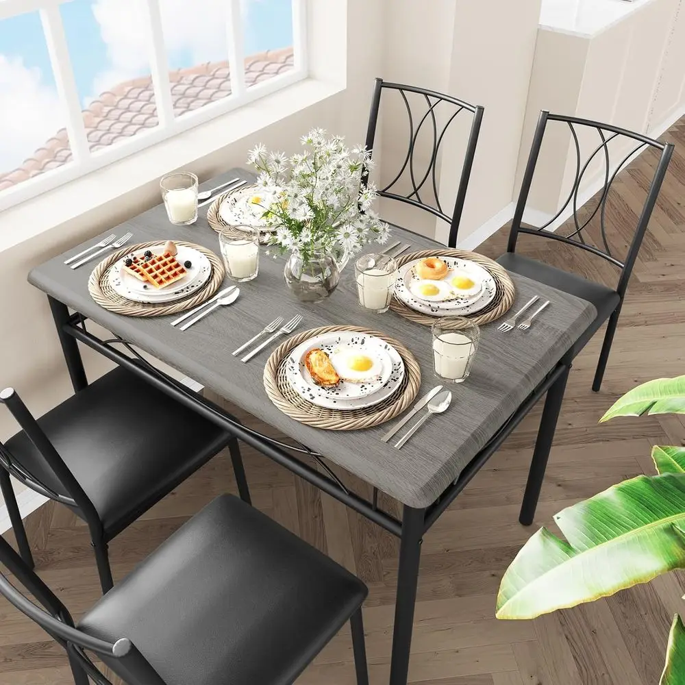 Gray Rustic Dining Set for 4 with Upholstered Chairs for Small Spaces