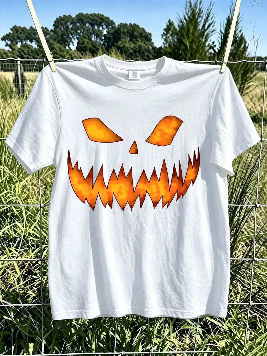 2026 New Halloween Glowing Fire Jack O Lantern Graphic Crew Neck T Shirt For Women Fiery Orange Pumpkin Scary Grin Eyes Print Loose Casual Holiday Top