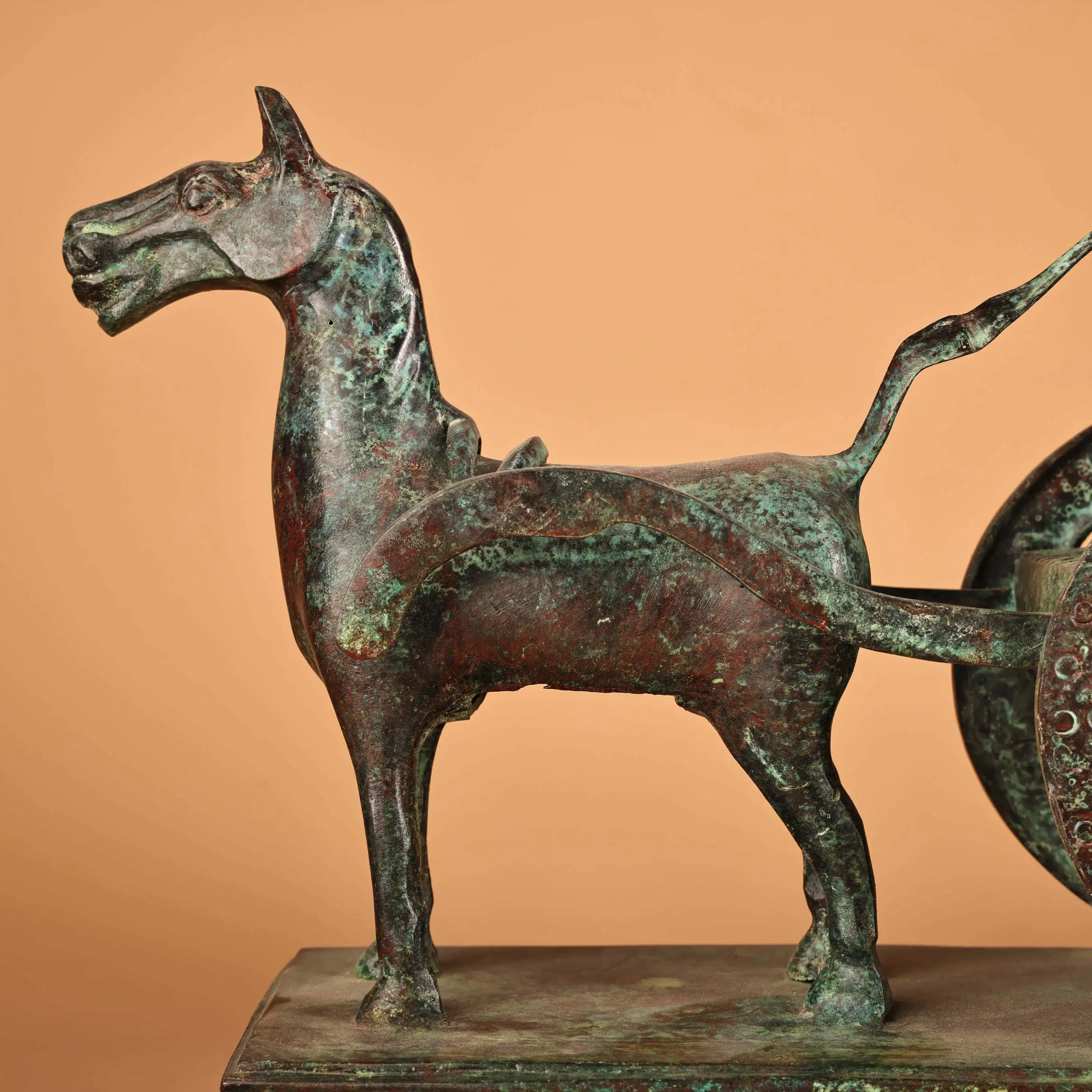 Vintage Chinese Bronze Horse Drawn Chariot Figurine with Inscription Heavy Patina Exquisite Shape Fine Craft Collectible