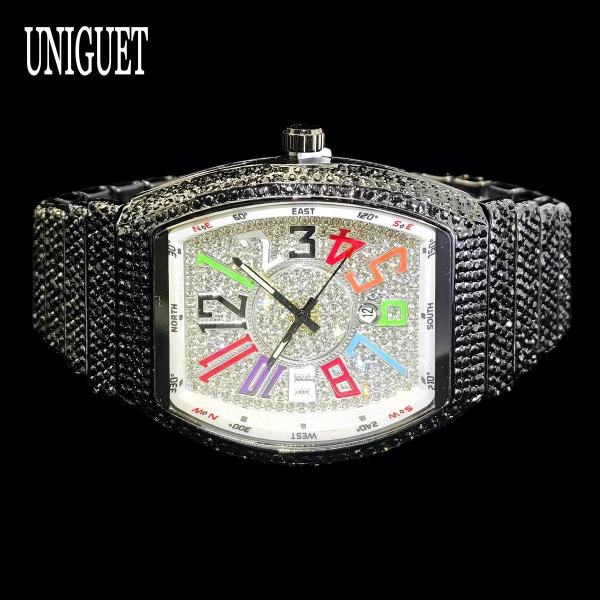 

UNIGUET Cool Black Iced Out Watch For Men Fashion Hip Hop Big Dial Full Diamond Color Arabic Tonneau Wristwatch Man 2026 New