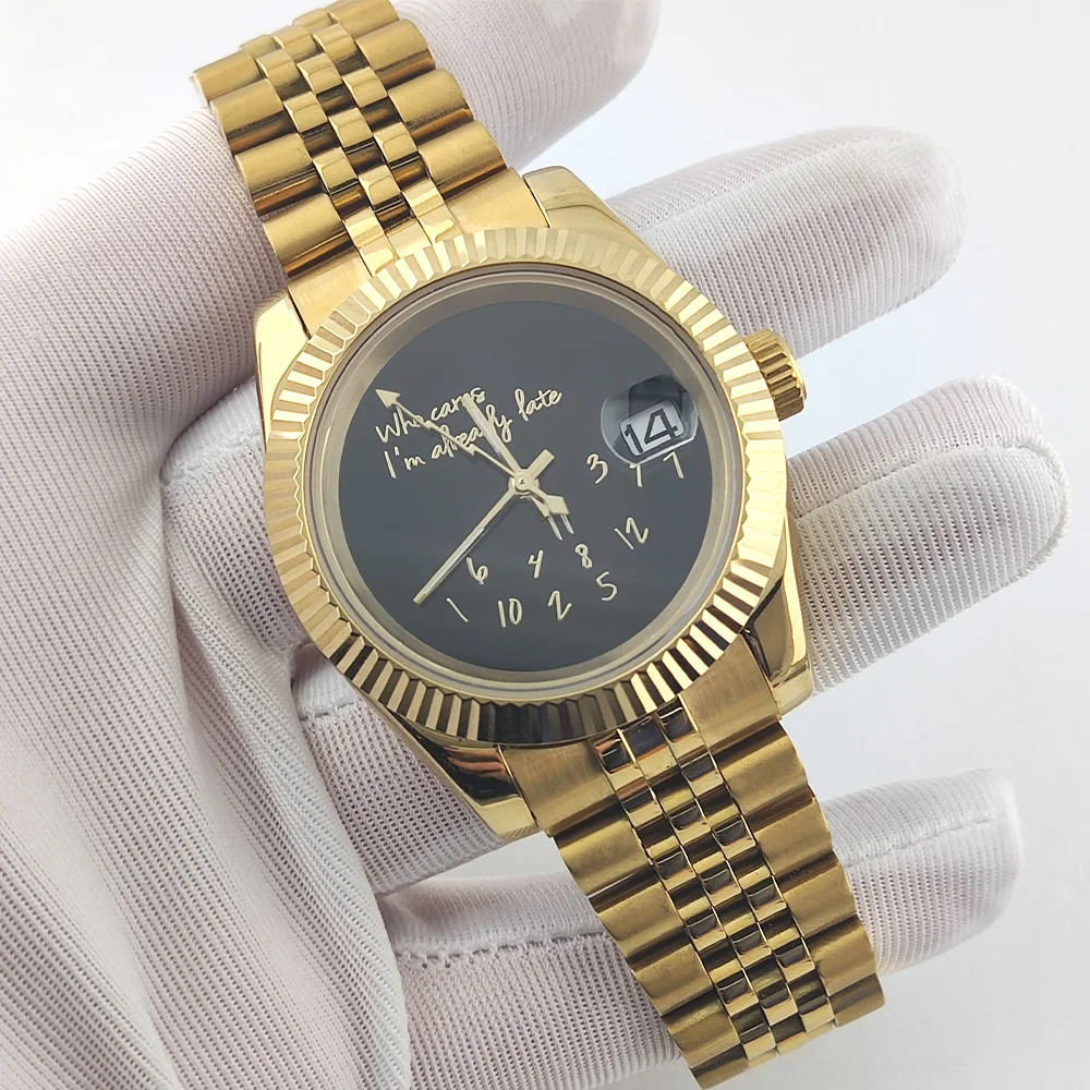 

36mm/39mm NH35 Watch Who Cares im Already Late Watch Golden Watch High Quality Sapphire Crystal Glass Waterproof Case NH35 Watch