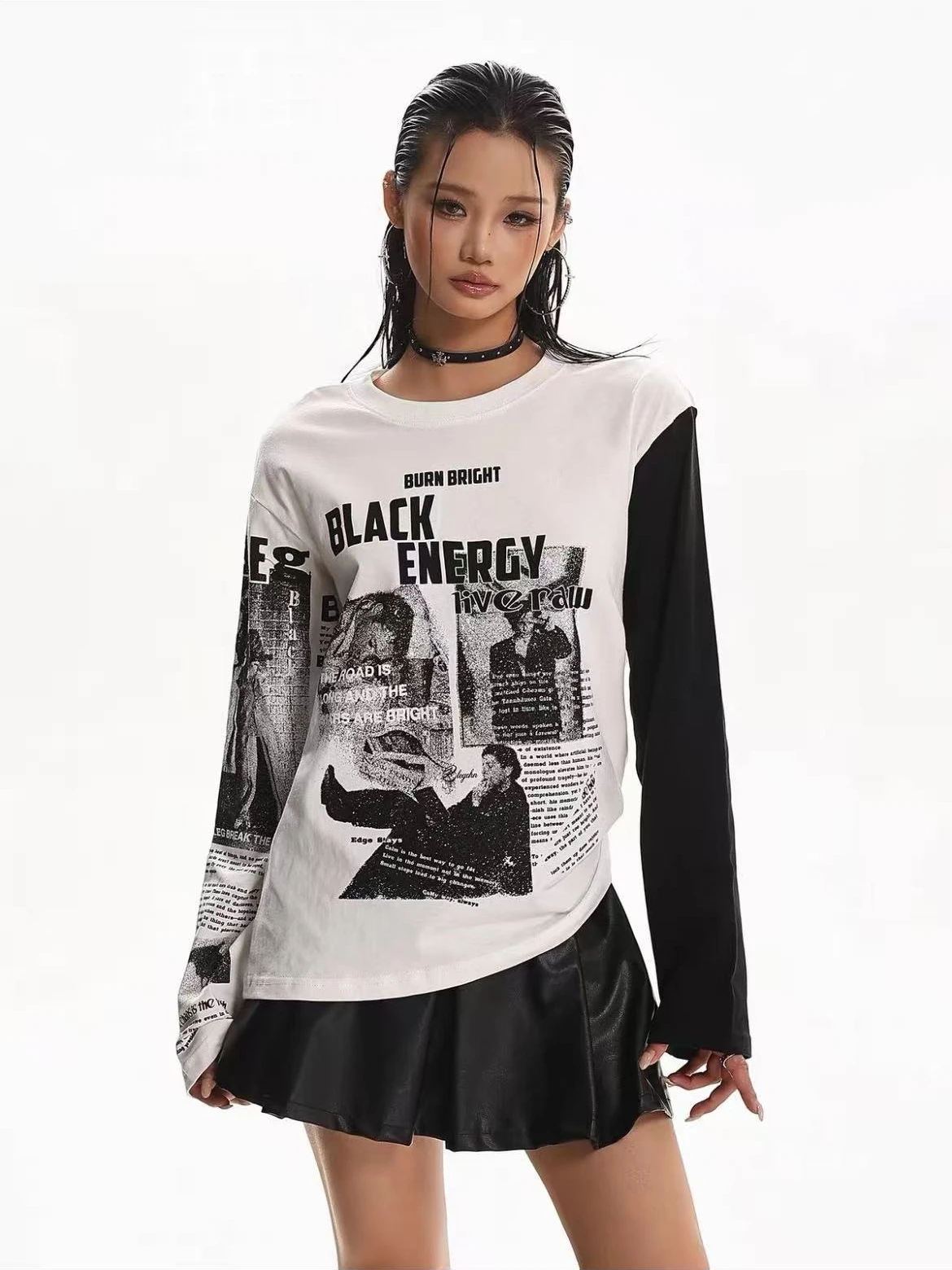 Y2K Alt Long Sleeve Top Raglan Color Block Newspaper Figure Print Loose Fit Punk Aesthetic Casual Streetwear Graphic Tee Shirts