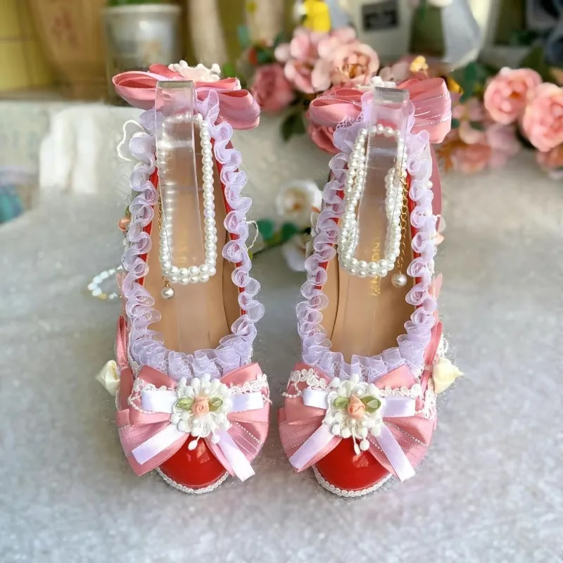 Original Lolita Handmade Gorgeous Flower Wedding Elegant Round Head High Heels Ancient Style Hanfu Womens Shoes Pink Pumps