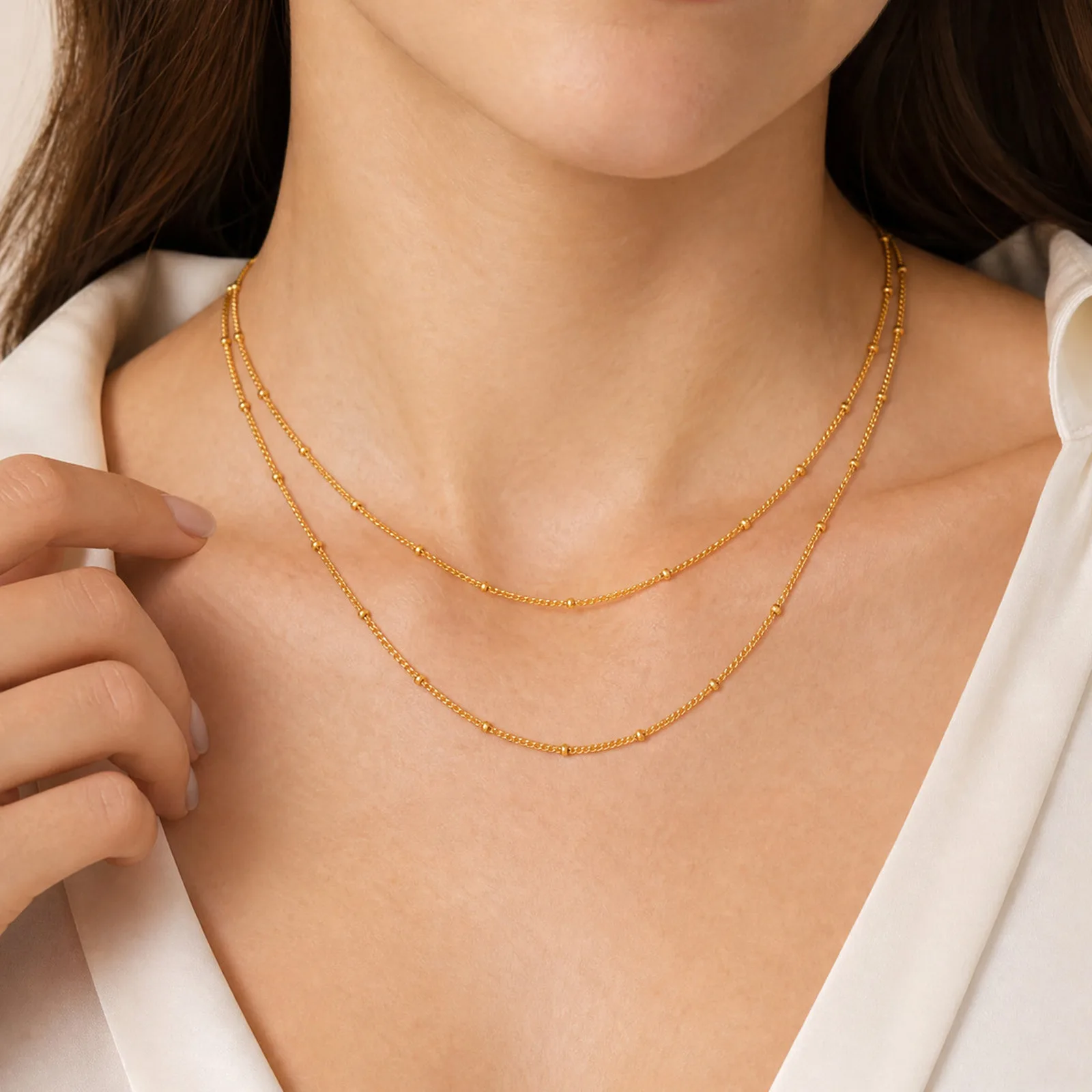 Stainless Steel Gold Plated Beaded Satellite Chain Necklace for Women, 2mm 18K Gold Plated Hypoallergenic Minimalist Jewelry