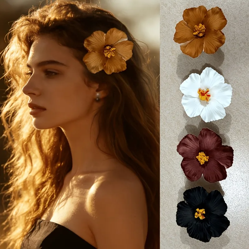 2pcs Seaside holiday style artificial hibiscus hair clip for women temperament bangs clip side duckbill clip