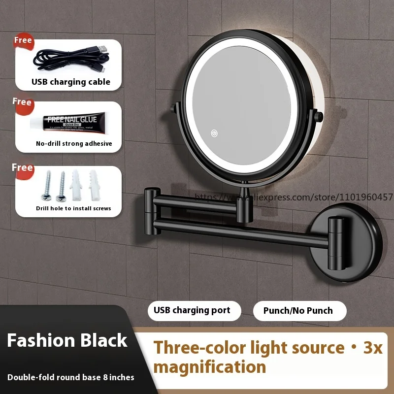 กระจกแต่งหน้าติดผนังแบบพับได้สำหรับห้องน้ำ โรงแรม ไม่ต้องเจาะผนัง กระจกสองด้านพร้อมไฟ LED ขยายภาพ กระจกแต่งหน้าสำหรับร้านเสริมสวย