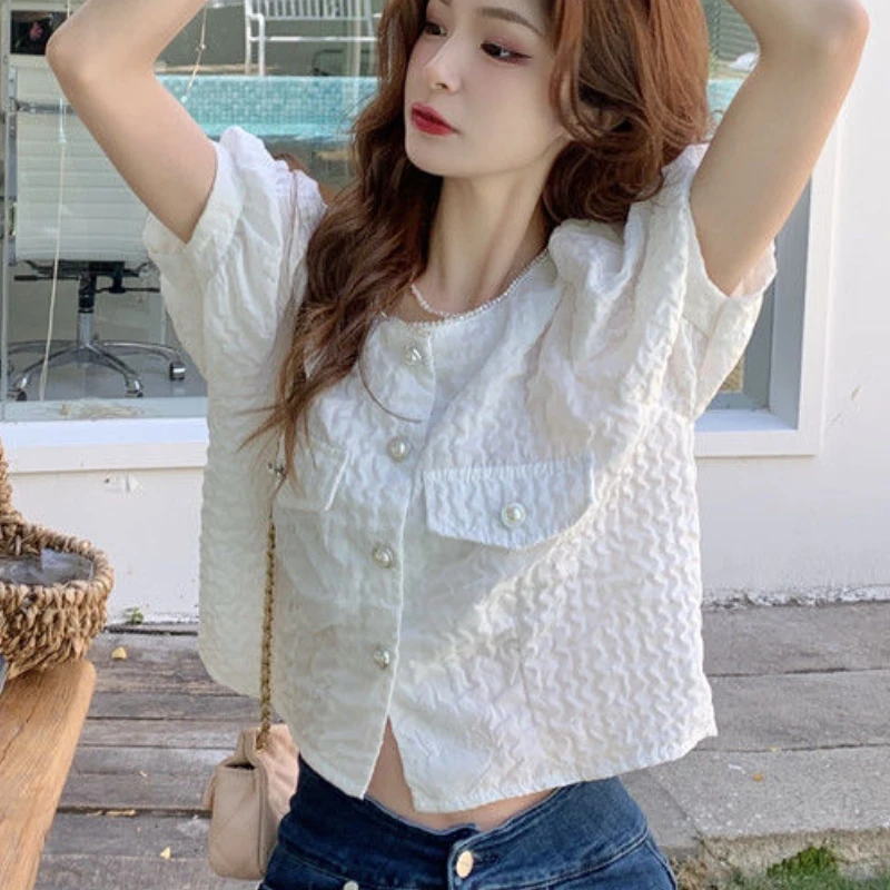 Shirts Women Solid Short Puff Sleeve Trendy Leisure Sweet Elegant All-match Crop Tops Korean Style Daily Retro Chic Females New