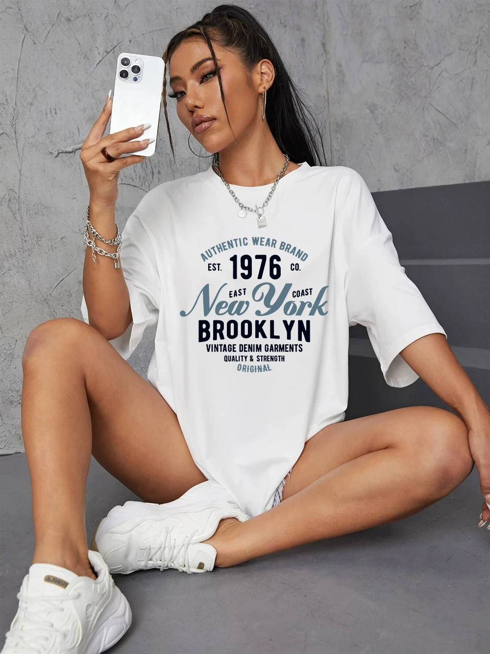 New York Brooklyn Est 1976, T-Shirt mit Buchstaben-Aufdruck, Damen-Baumwolle, Sommer-Tops, weich, locker, O-Ausschnitt, kurze Ärmel, Freizeitkleidung