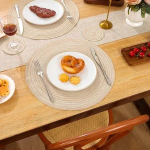 Conjunto de 6 manteles de mantenimiento y posavasos redondos alfombrillas tejidas trenzadas tapas de mesa resistentes al calor lavables y posavasos para mesa de comedor 10 Mejores Matros de mesa redondos de ventas 90 cm - №2