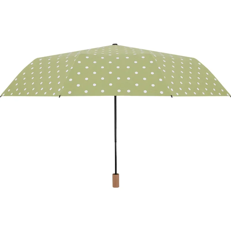 High Quality Wooden Handle Rain Umbrella Black Coating Dots Umbrellas Women Men Three Folding UV Sun Sunshade Parasol