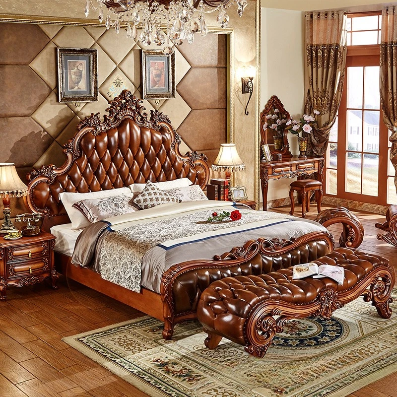 European solid wood carved leather bed, master bedroom 1.8 meters 2 meters bed, American classical first-layer