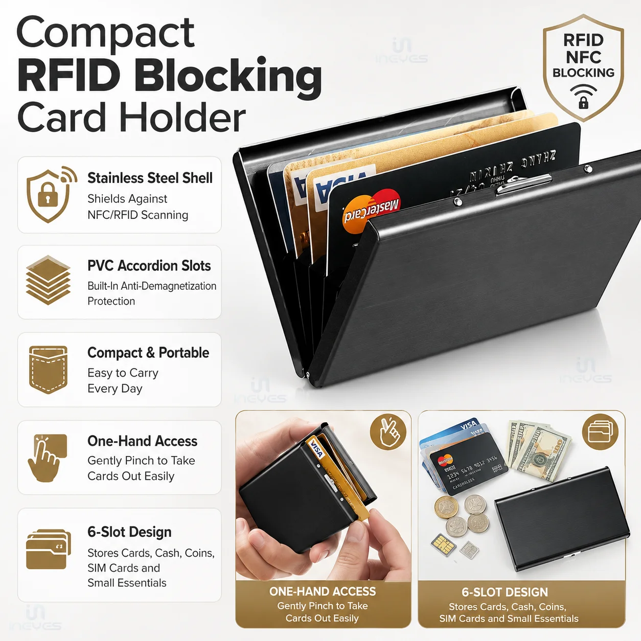 New RFID Blocking Stainless Steel Leather Card Holder, 6 Slot Credit Card Wallet Anti-Theft ID Protector Gift Box for Men Women