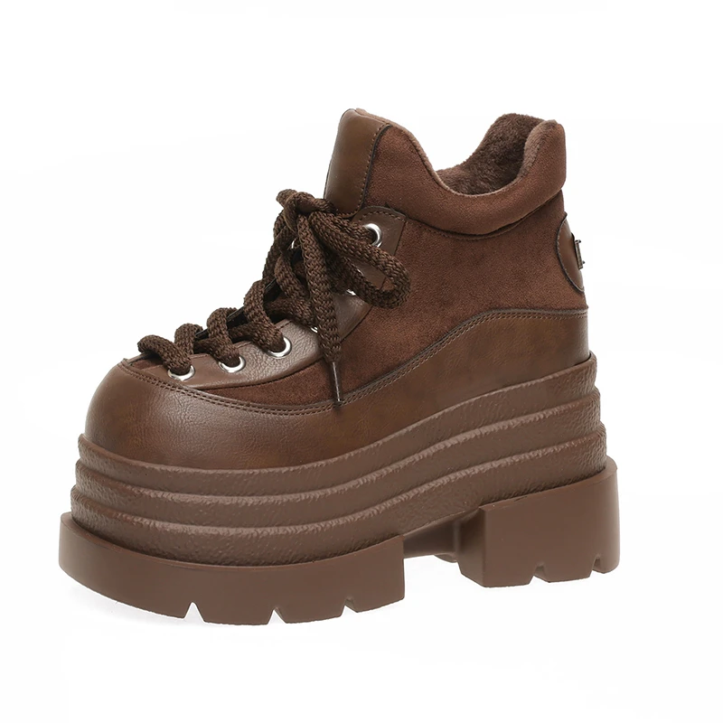 

New 2025 Women Thick Heels Leather Sneakers Ladies Plush Winter Warm Snow Boots Fashion 10CM High Platform Cotton Shoes Pumps