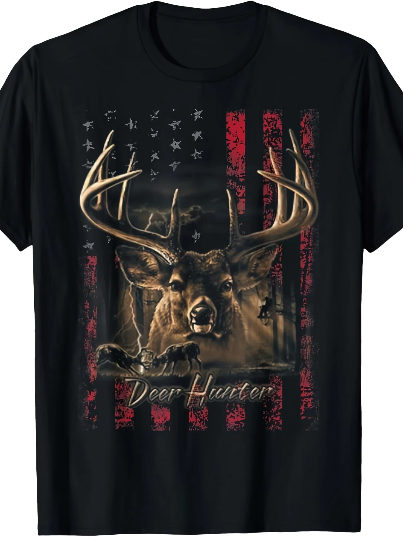 I Love America, Stars and Stripes and Deer Hunter Pattern T-shirt - Patriotic Themed Hunting Shirt, Made of Lightweight Breathable Fabric, Plus Size Casual Style, Suitable for Outdoor, Camping and Daily Wear,