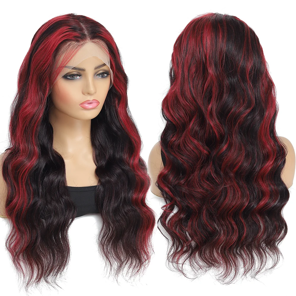 Perucas dianteiras do laço da Borgonha com cabelo do bebê, onda colorida do corpo, cabelo humano, pre arrancado, 180%, 13x4, 1B, 99J