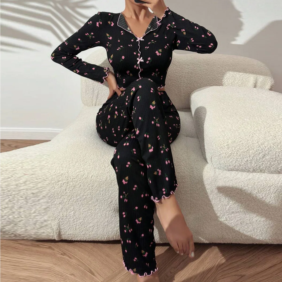 Pajamas casual sexy lapel roll edge long sleeve pants outside the home wear 2-piece set