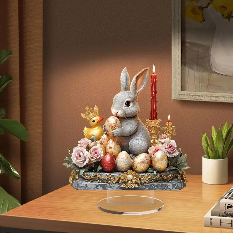 Easter Egg Shaped Cottage Rabbit Acrylic Ornament 2D Flat Cute Rabbit Desktop Ornament Easter Gift