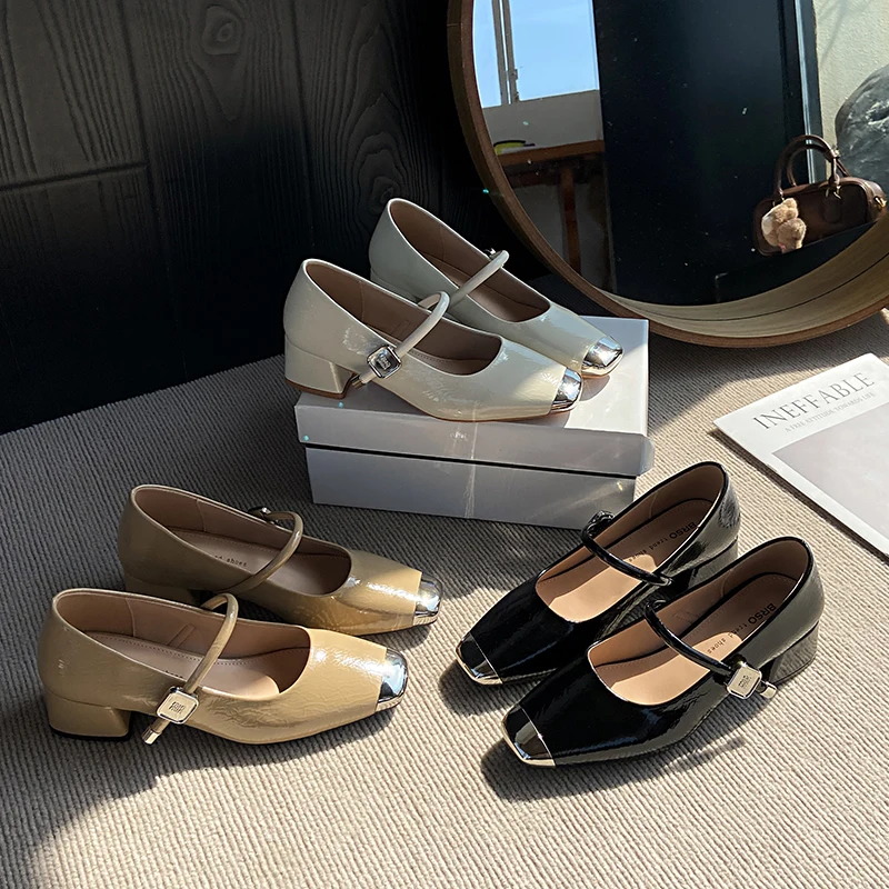 

French Style Metal Head High Heels Single Shoes Elegant Shallow Mouth Thick Heel Mary Janes Buckle Loafers PU Leather Women's