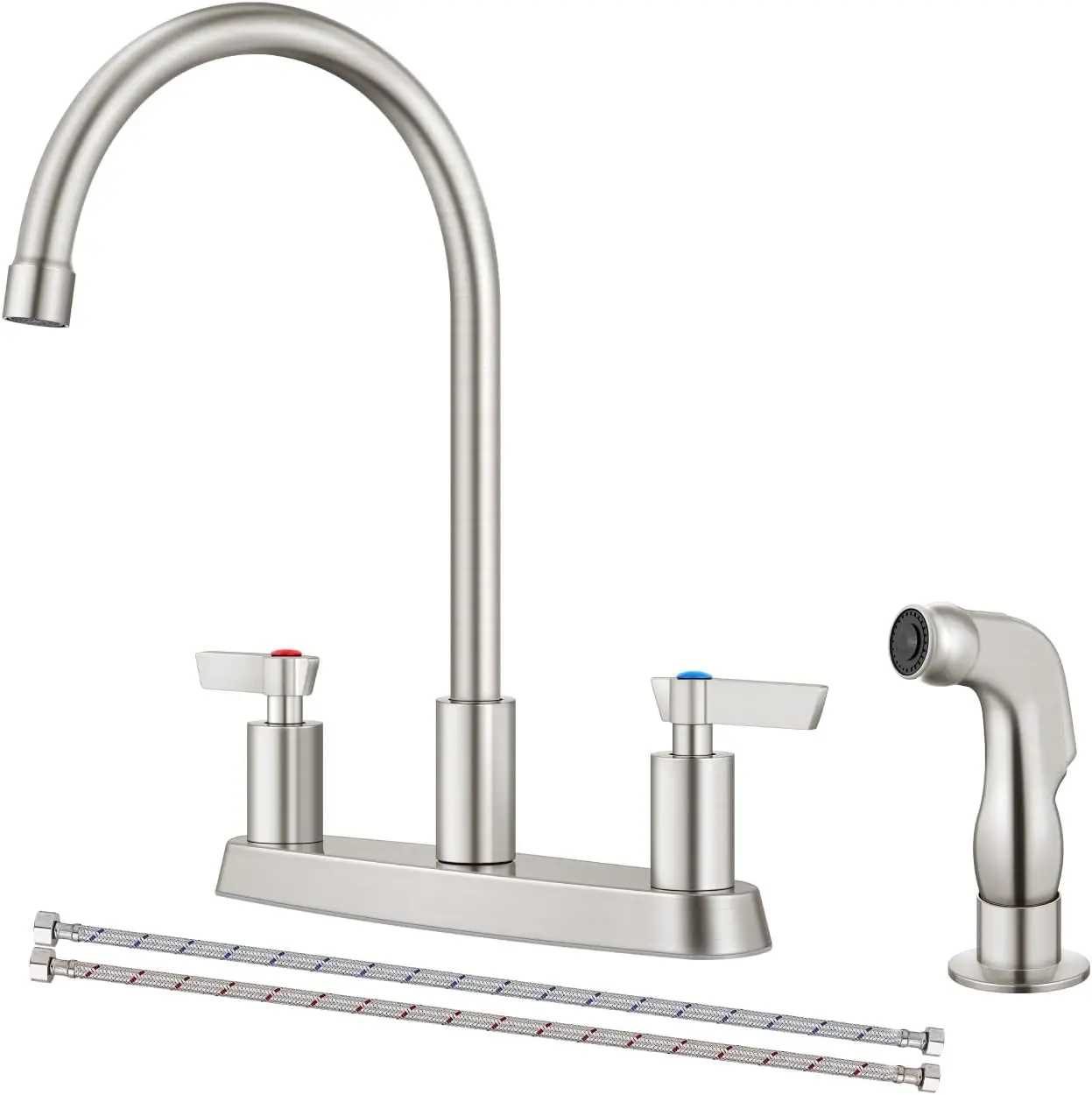 Brushed Nickel Kitchen Faucet with Sprayer, 2 Handle 3 Hole 8 Inch Centerset with Supply Lines