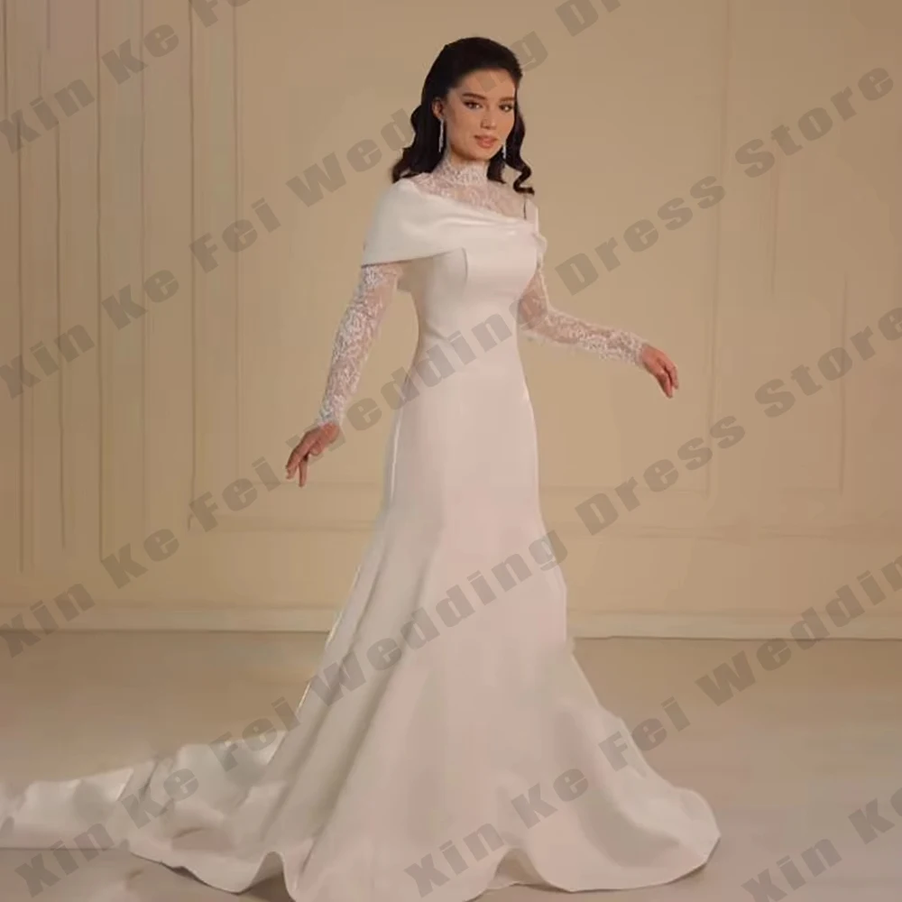 Vestidos de novia de sirena de encaje de cuello alto, apliques musulmanes de corte en A, vestidos de novia de manga larga, vestido de novia de princesa, bata personalizada