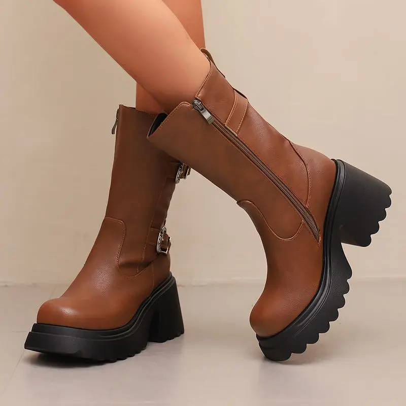 ORCHA LISA ريترو أحذية نسائية غير رسمية منتصف العجل جولة تو 8 سنتيمتر كتلة كعب 3.5 سنتيمتر منصة سستة الشرير الأسود حجم كبير 44-45