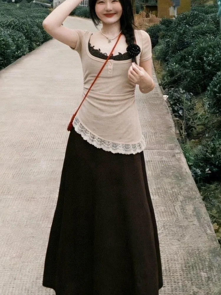 

Summer New Sweet Spicy Girl Slim Fit Strap Dress Women's Fashion Short Sleeve Cover up Top Two Piece Set High Waist Lace