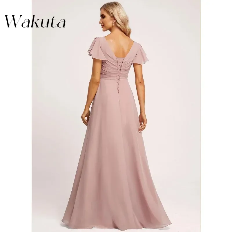 Wakuta Elegante V-Hals Cap Mouw Bruidsmeisje Gewaden Mode Chiffon Hoge Taille Bal Formele Avondjurken فستان سهرة ة Met Zak