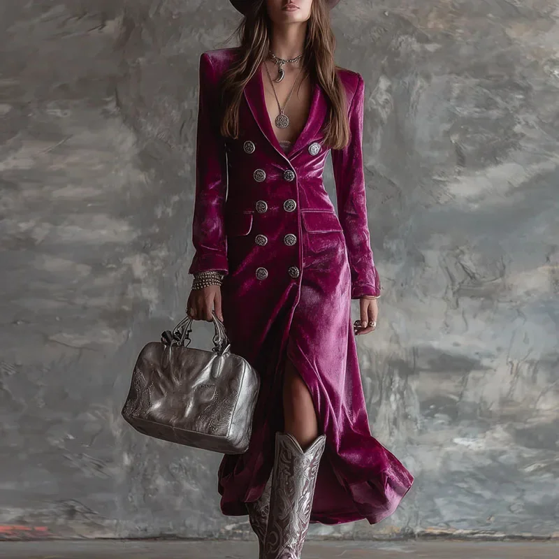 

Double Breasted Velvet Cardigan Dress Woman Elegant Lapel Hollow Split Long Dress Vintage Long Sleeve Office Dresses