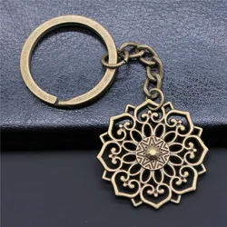 Women Men Keychain DIY Metal Holder Chain Antique Bronze Color 31x31mm Flower Pendant Keyring Gift