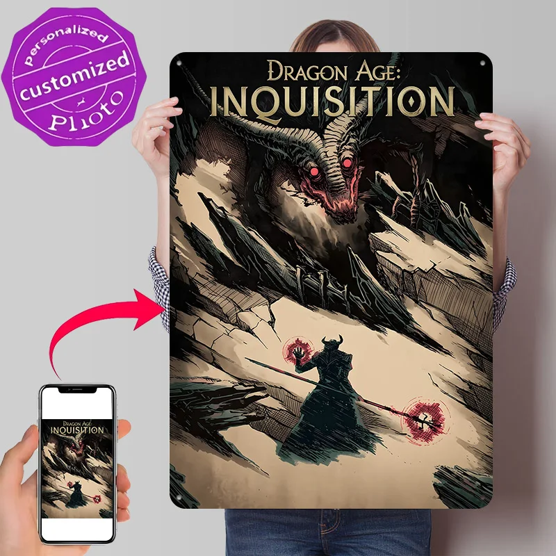 Affiche murale en métal texturé 3D Dragon Age Inquisition, plaque décorative personnalisée, cadeau pour la décoration de la mancave et de la maison