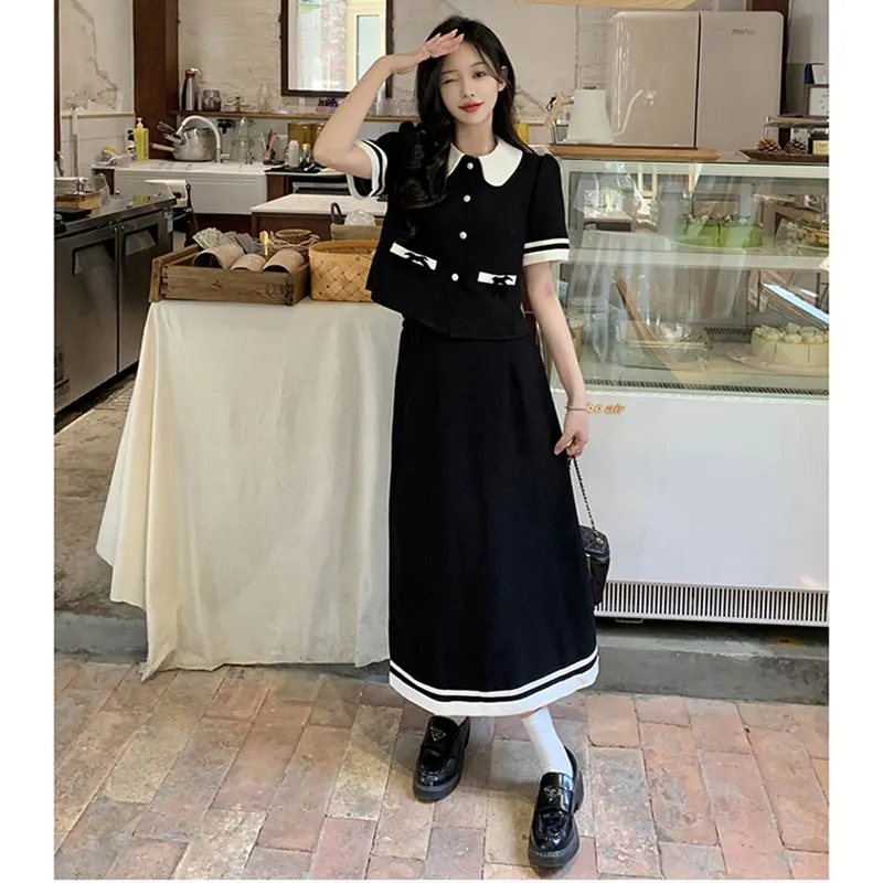 New Korea Elegant Two Piece Black Sets Sweet Peter Pan Collar Top + A Line Midi Skirts Suit Retro Summer Lovely Bow Party Outfit