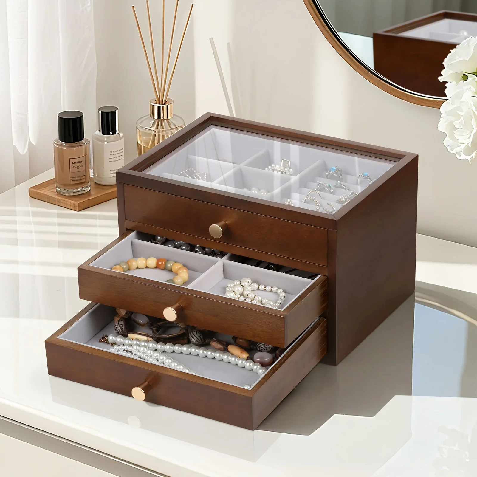 Wooden Jewelry Box for Women, Solid Jewelry Organizer with 3 Drawer, Wooden Jewelry Organizer, Wood Jewelry Case with