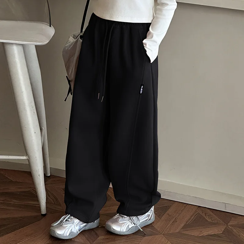Girls Pink Gray Black Drawstring Elastic Waist Wide Leg Sweatpants Loose Sport Casual School Streetwear Trendy Kids Teen Trouser