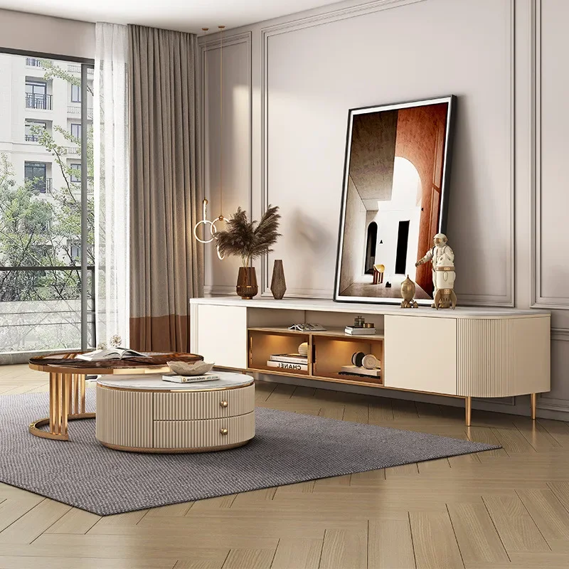 

Stone Plate round Tea Table TV Cabinet Unit Post-Modern Simple Living Room Small Apartment High Floor Cabinet 2021 New