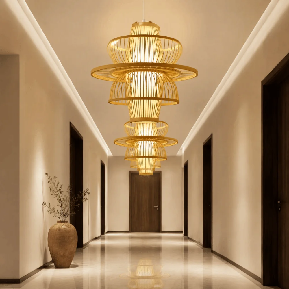 Simple Hand Knitted Bamboo Pendant Lamp Braided Wooden Wicker Chandelier Rustic Woven Hanging Lamp Hotel