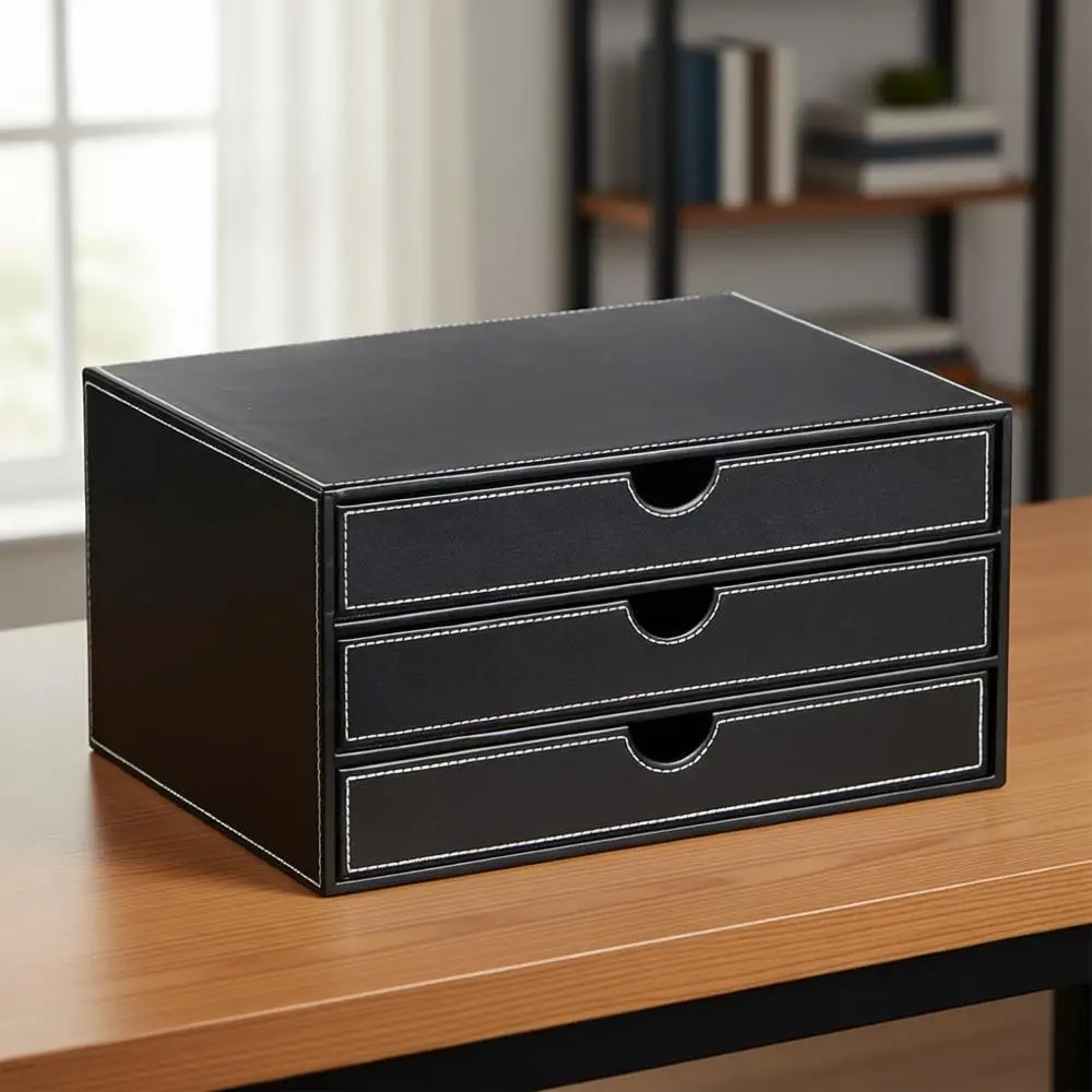 

3-Drawer Stackable Leather Desk Organizer for Bills, Documents, and Makeup - Home Decor Accessory