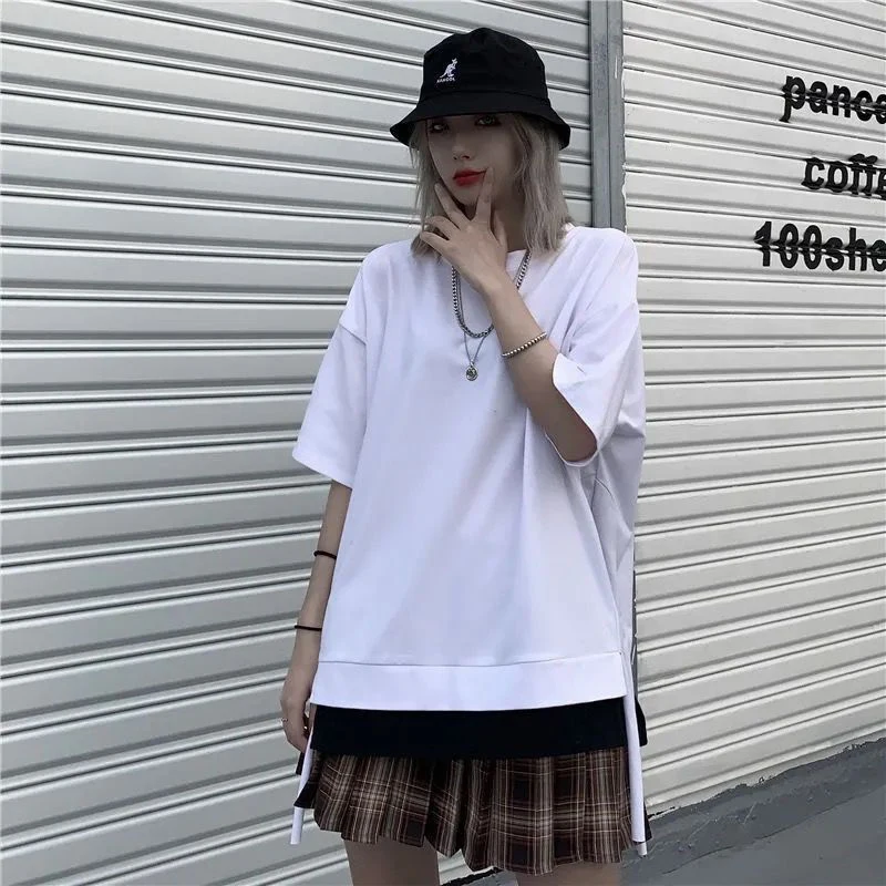 Fake Two Piece Split Summer Short Sleeve Tops Black White Patchwork Cool Hip Hop Woman Clothes Unisex Casual Oversized Solid New