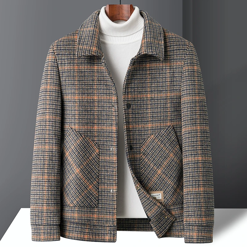 

Men's Woolen Plaid Jaet Casual Faion Turn-down Collar Autumn Winter Cotton irt Outerwear Stand Fit Multi-ket Design