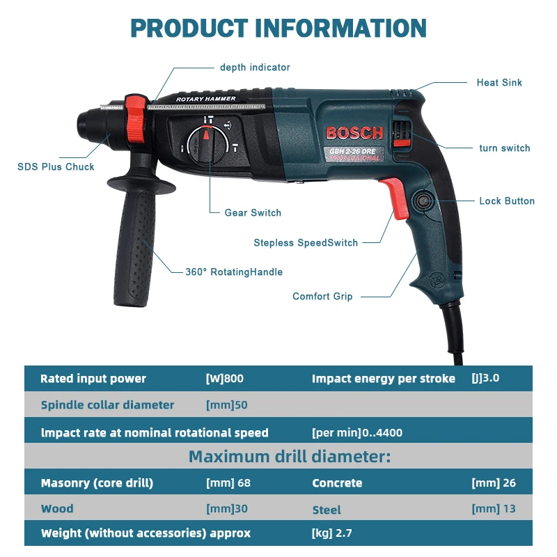 مثقاب مطرقة دورانية أصلية من Bosch GBH2-26 SDS-Plus بقدرة 800 وات 2.8J، أداة هدم احترافية مع تقنية مضادة للاهتزاز